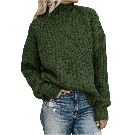 Olyvenn Solid Fashion Ladies Sweaters Tops Loose Casual Autumn and Winter Womens Turtleneck Pullover Blouse Twist Knitting Long Sleeve Short Sweaters for Women Female Leisure Green XXXL
