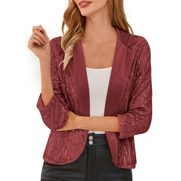 Olyvenn Sparkly Blazer for Women Sequin Jacket Ruched 3/4 Sleeve Lapel Open Front Cardigan Shimmer Glitter Sequin Coat Wine L