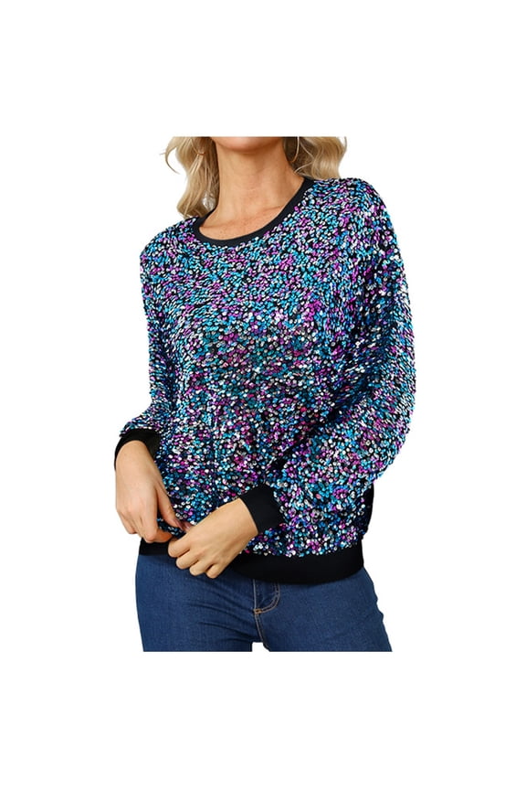Sparkly Sweatshirts for Women Sequin Long Sleeve Crewneck Sweatshirt Casual Sequence Party Night Pullover Tops Blue 16-18