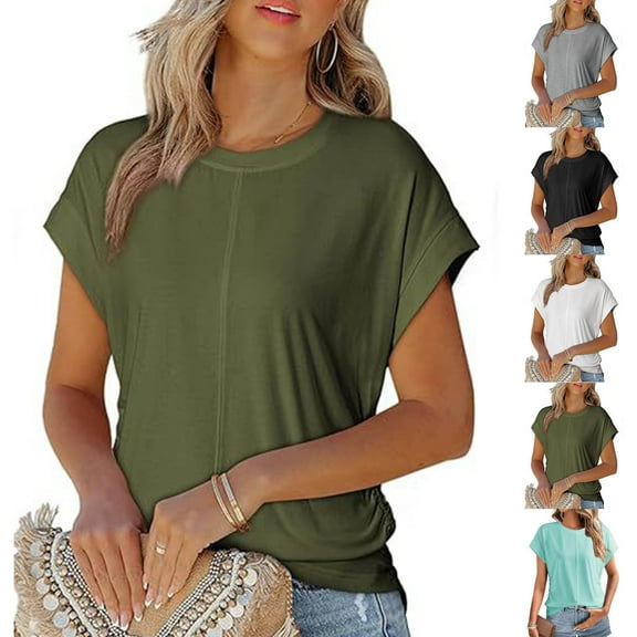 Olyvenn Spring Tops for Women 2025 Round Neck Cap Sleeve Side Ruched Summer Tops for Women Trendy Women Clothing Army Green S