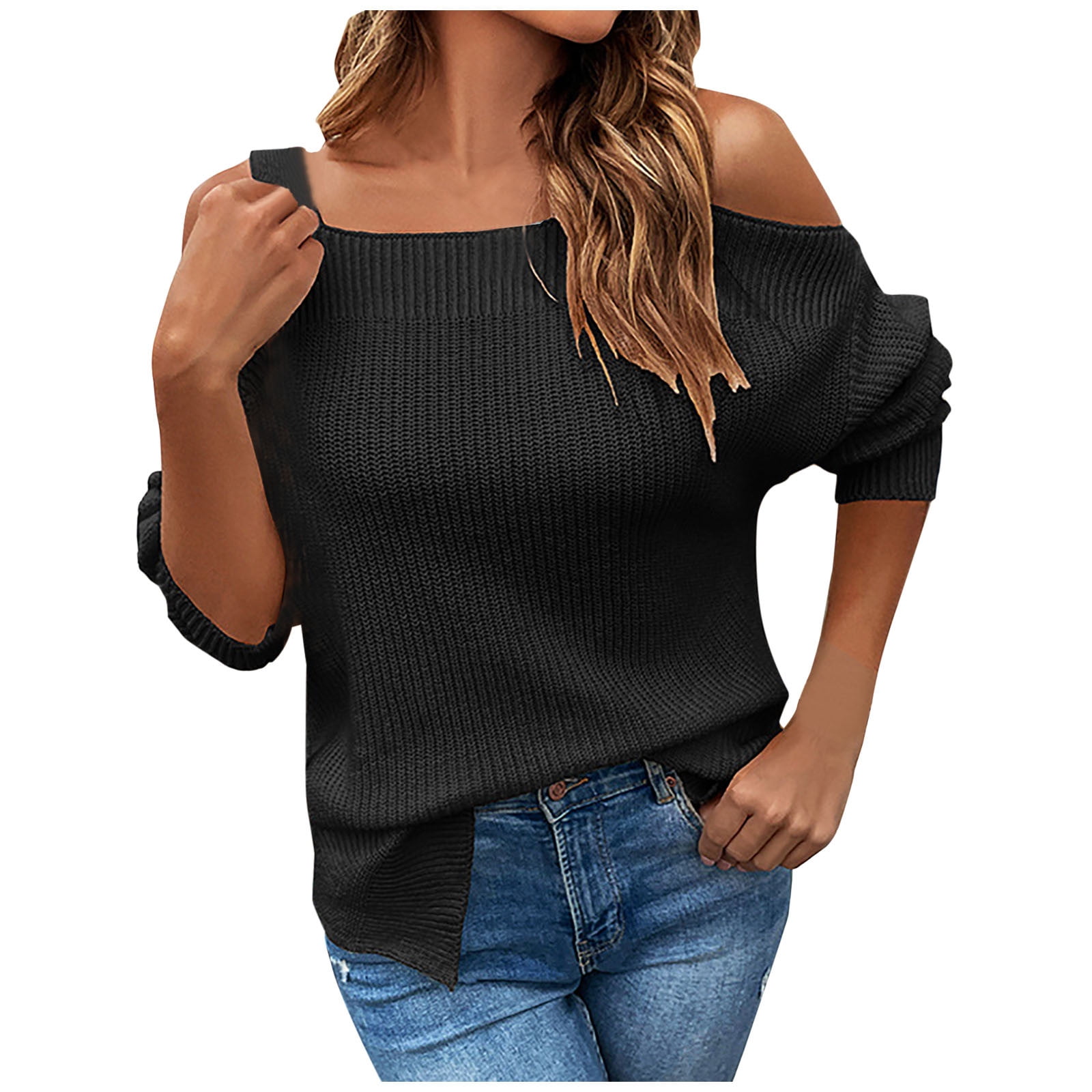 Olyvenn Square-Neck Cold Shoulder Halter Short Sweaters for Women Loose  Casual Women Fashion Solid Color Pullover Short Sleeve Female Leisure  Purple S