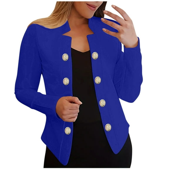Olyvenn Start off 2024 Women's Lapel Neck Long Sleeve Gold Button Blazer Suit Work Office Business Jacket Work Office Business Jacket for Women Trendy 2024 Blue 10