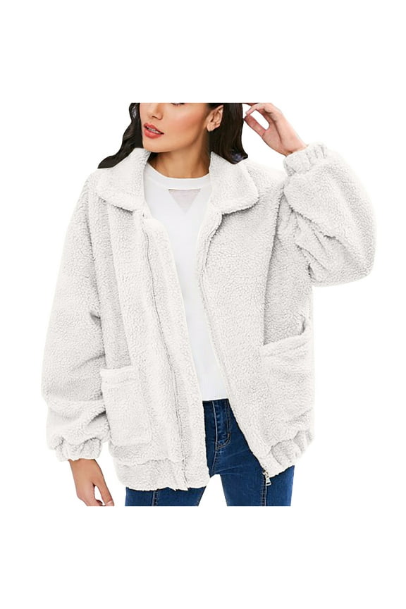 Start off 2024 Women's Winter Warm Faux Fur Fleece Zip Up Oversized Crop Jacket Coat with Pockets Faux Fur Fleece Coat for Women Trendy 2024 White 4