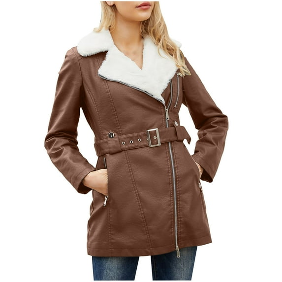 Olyvenn Start off 2024 Women's Winter Warm Faux Fur Lapel Long Sleeve Belted PU Leather Jacket Coat Outwear Faux Fur Leather Coat for Women Trendy 2024 Coffee 14