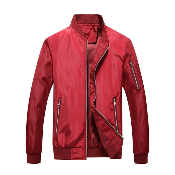 Olyvenn Start off 2024 Men's Lightweight Bomber Jacket Stand Collar Long Sleeve Full Zip Pockets Windproof Solid Color Coats Red 8