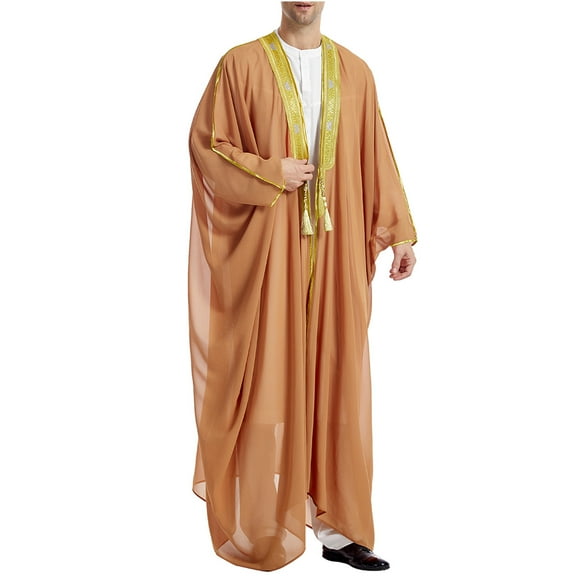Olyvenn Start off 2024 Men's Muslim Jubba Thobe Long Sleeve Loose Fit Abaya Kaftan Dubai Arabic Saudi Islam Prayer Gown White Robe Khaki 8