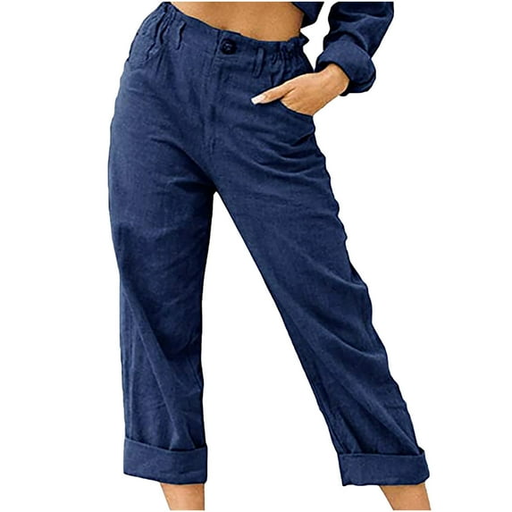 Olyvenn Straight Full Length Pants Women's Plus Skinny Slim Fit Female Casual Outwear Women Solid Color Pockets Buttons Elastic Waist Comfortable for 2022 Women Tops Navy S