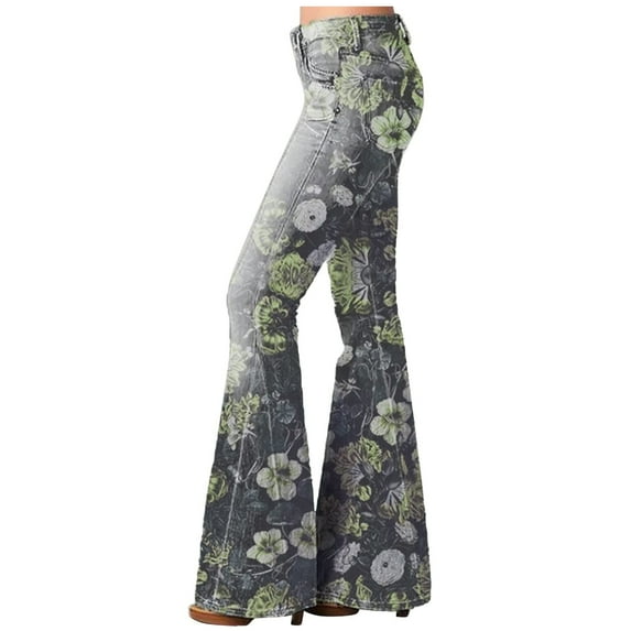 Olyvenn Stretch Cow Jeans Pants Women's Plus Skinny Slim Fit Female Casual Outwear Fashion Women's High Waist Pocket Lace-Up Flared Pants for 2023 Women Tops Green 8