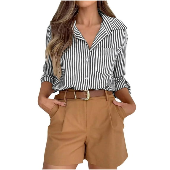 Olyvenn Striped Button Down Shirts for Women Dress Shirts Long Sleeve Casual Collared Office Work Shirt with Pocket Black L