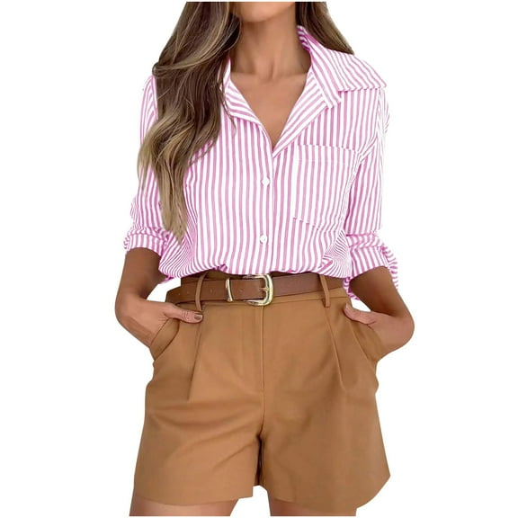 Olyvenn Striped Button Down Shirts for Women Dress Shirts Long Sleeve Casual Collared Office Work Shirt with Pocket Pink S