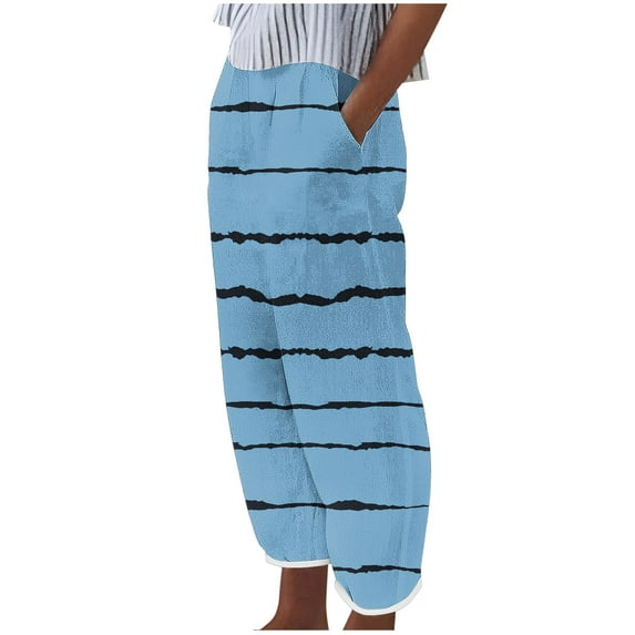 Olyvenn Striped Capri Pants for Women Casual 2025, Summer Drawstring Elastic Waist Linen Pants Wide Leg Cropped Trousers with Pockets Blue 4-6