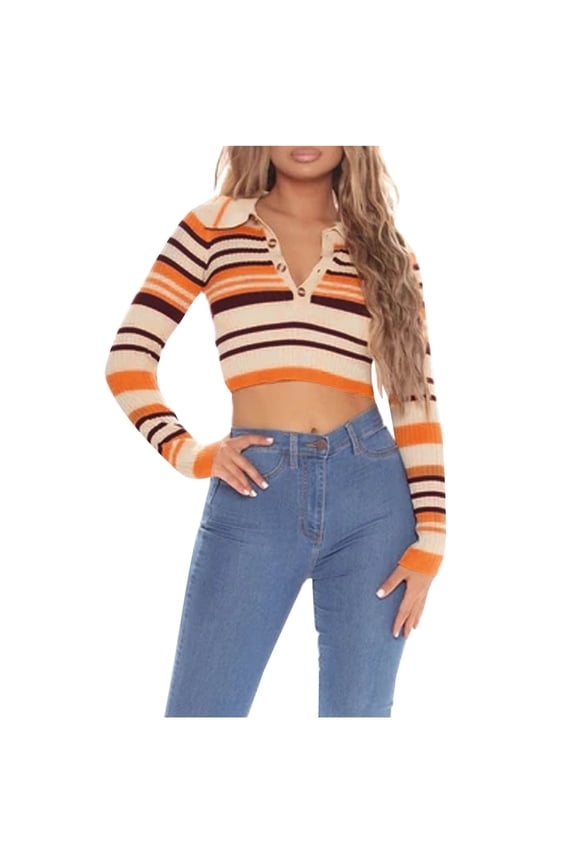 Striped Collared Sweaters for Women - Bodycon Crop Tops Chic and Comfortable Long Sleeves Spring Style 2025 Orange 4-6