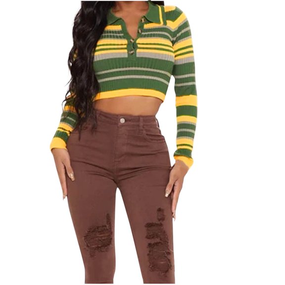 Olyvenn Striped Collared Sweaters for Women - Bodycon Crop Tops Chic and Comfortable Long Sleeves Spring Style 2025 Yellow 4-6