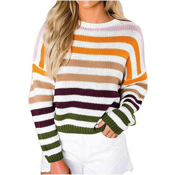 Olyvenn Striped Colorblock Cropped Knit Short Sweaters for Women Loose Casual Womens Fashion Long Sleeve Mock Neck Female Leisure Army Green S