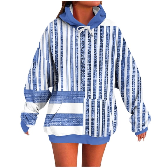 Olyvenn Striped Graphic Hoodies Women Fall Pullover Sweatshirt with Pocket Casual Loose Fit Drawstring Hooded Streetwear Comfy Light Blue M