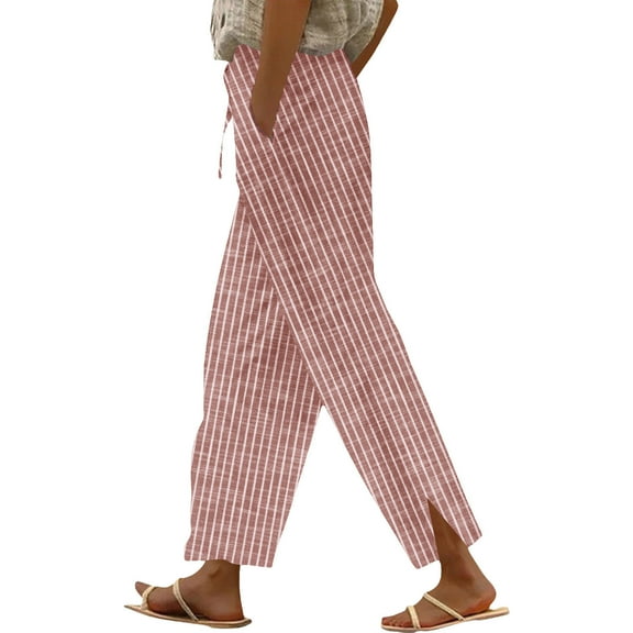 Olyvenn Striped Linen Pants Women Wide Leg High Waisted Petite Cotton Baggy Pinstripe Beach Vacation Casual Palazzo Pants Wine S