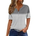 thumbnail image 1 of Olyvenn Striped Summer Tops for Women 2025 Dressy Casual Short Sleeve Shirts Trendy Button Down Tshirts Ladies V Neck Blouses Gray M, 1 of 5