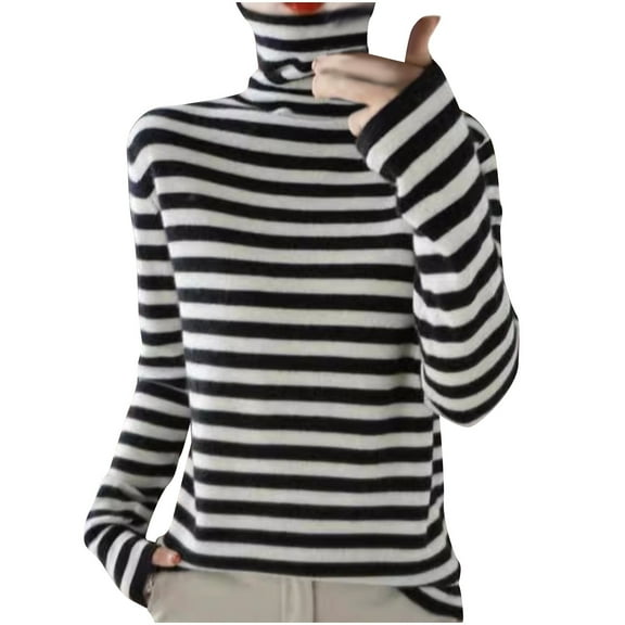 Olyvenn Striped Sweater Shirts for Women Turtleneck Knitted Tops Casual Slim Fit Knit Jumper Top Thermal Pullover Basic Tees Black L