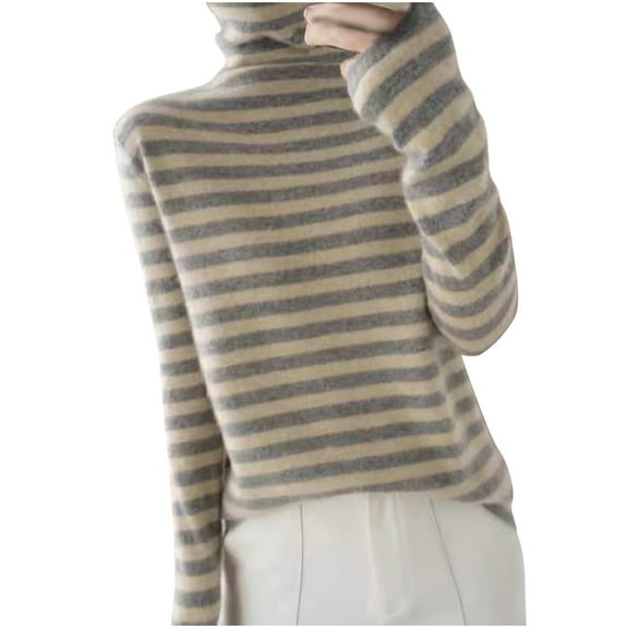 Olyvenn Striped Sweater Shirts for Women Turtleneck Knitted Tops Casual Slim Fit Knit Jumper Top Thermal Pullover Basic Tees Gray XL