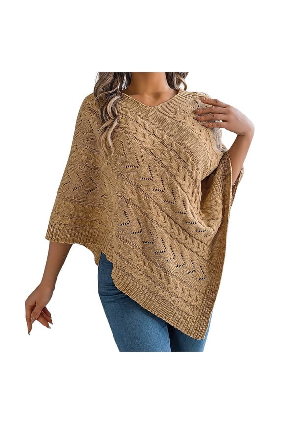 Stylish Knitted Cape Shawl Wrap Cardigan for Women Elegant Wrap V Neck Cable Knit Hollow Out Pullover Sweater Jumper Top Khaki L