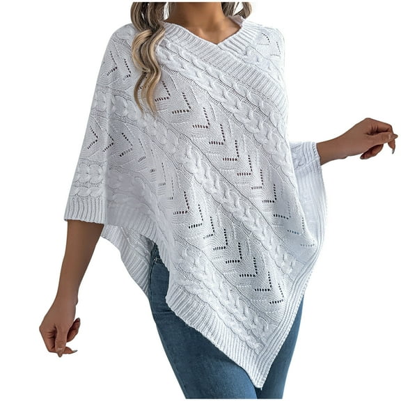Olyvenn Stylish Knitted Cape Shawl Wrap Cardigan for Women Elegant Wrap V Neck Cable Knit Hollow Out Pullover Sweater Jumper Top White XL