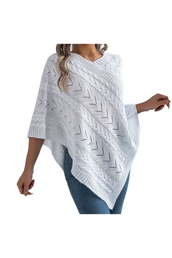 Stylish Knitted Cape Shawl Wrap Cardigan for Women Elegant Wrap V Neck Cable Knit Hollow Out Pullover Sweater Jumper Top White XL