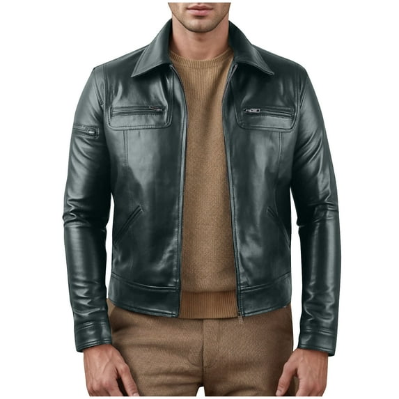 Olyvenn Stylish Leather Jacket for Men - Real Lambskin Vintage Trucker Mens Leather Jackets Lapel Neck Fashion Biker Jacket Green S