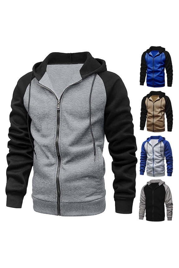 Stylish Men Zip Up Casual Patchwork Hooded Long Sleeved Brushed Outwear Jacket Winter Warm Long Sleeve Hooded Fleece Puffer Jacket Thick Cotton Padded Overcoat Khaki 4