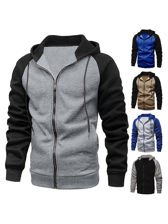 Stylish Men Zip Up Casual Patchwork Hooded Long Sleeved Brushed Outwear Jacket Winter Warm Long Sleeve Hooded Fleece Puffer Jacket Thick Cotton Padded Overcoat Khaki 4