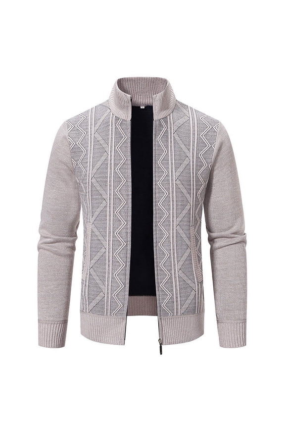 Stylish Mens Decent Full Zip Stand Collar Cardigans Business Casual Button Down Cable Knitted Sweater Blazers Beige XXXL