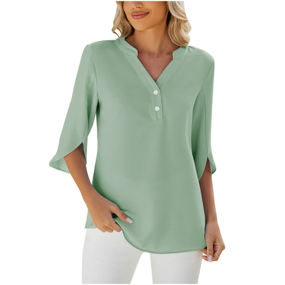 Olyvenn Stylish Notched Neck Slit 3/4 Sleeve Button Women's T-Shirt - Opaque, Slight Stretch, 100% Polyester, Easy Care Green 12