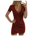 thumbnail image 1 of Olyvenn Stylish Tunic Bodycon Hip Wrap Mini Dress for Women Trendy Short Sleeve V-Neck Mid-Calf Dress Women Trendy Sparkly Sequin Slim Elegant Party Sheath Dress Wine S, 1 of 8
