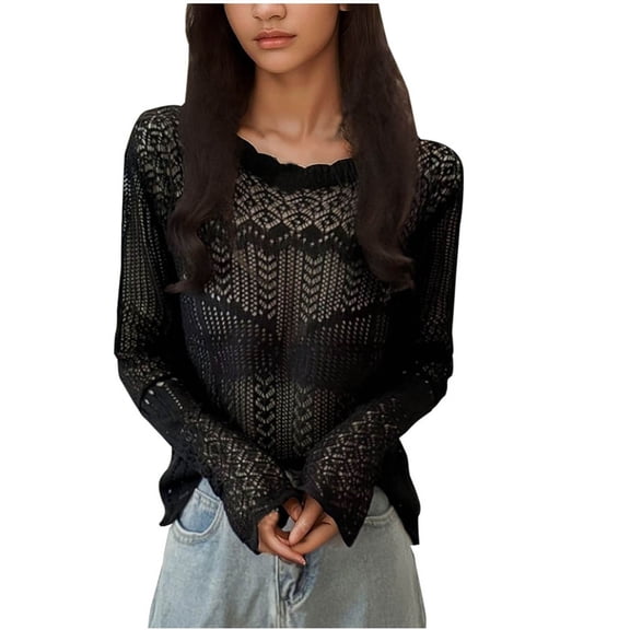 Olyvenn Stylish Women Knitted Hollow Out Sweaters Spring Thin Loose Casual See Through Trendy Pullovers Crewneck Lace Ruffle Tops Black 6