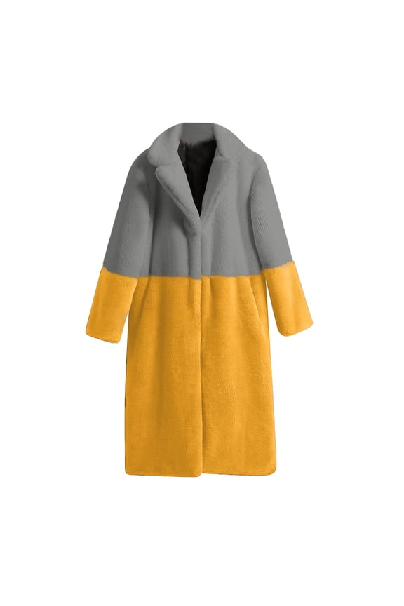 Stylish Women Winter Warm Coats Faux Coat Warm Furry Faux Jacket Long Sleeve Outerwear Cold Weather Thicken Furry Lined Thermal Down Overcoat Yellow 10