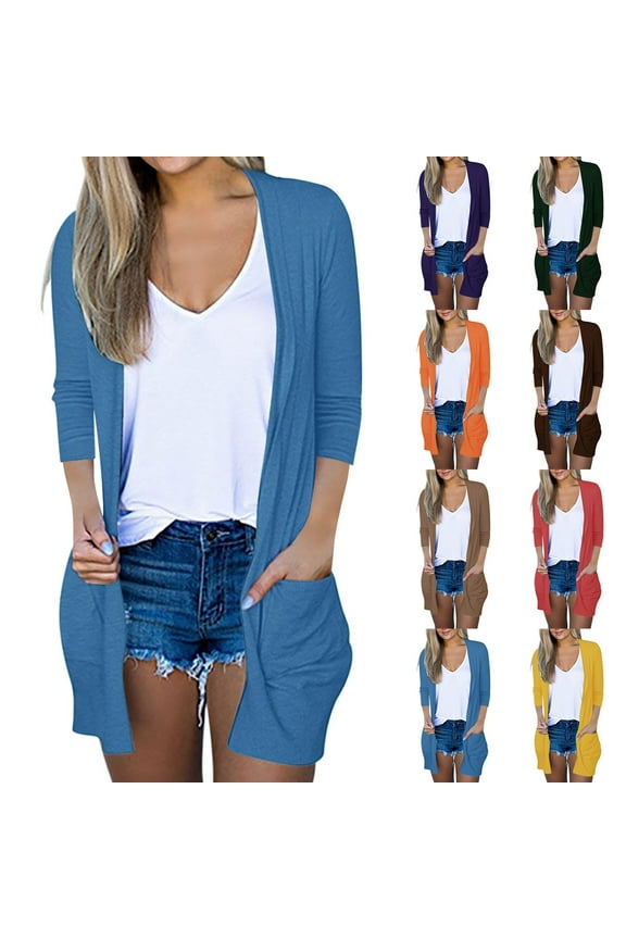 Stylish Women's Solid Color Three Quarter Sleeve Casual Tops Blouse With Pocket Cardigan Lightweight Open Front Soft Drape Fall Cardigan Blue 4