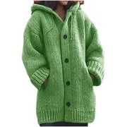 Olyvenn Stylish Women's Thickened Medium Long Sweater Hooded Cardigan Solid Color Coat Sweater Coat Curved Hem Open Front Knit Sweater Cardigans Green 12