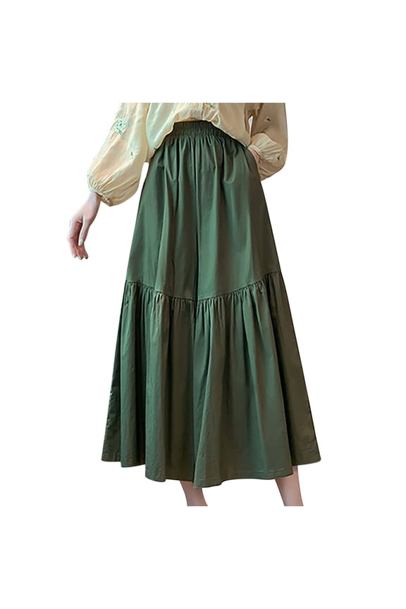 Stylish Womens Capris Women's Solid Elastic Waist Solid Wide Leg Pants High Waist Casual Summer Trendy Flare Pant Skirt Beach Comfy Boho Rompers Green Free Size