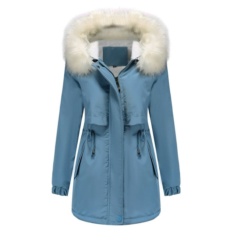 Olyvenn Stylish Womens Warm Long Coat Hoodies Collar Jacket Slim Winter  Parkas Outwear Coats Cold Weather Thicken Furry Lined Thermal Down Jackets  Blue 10 