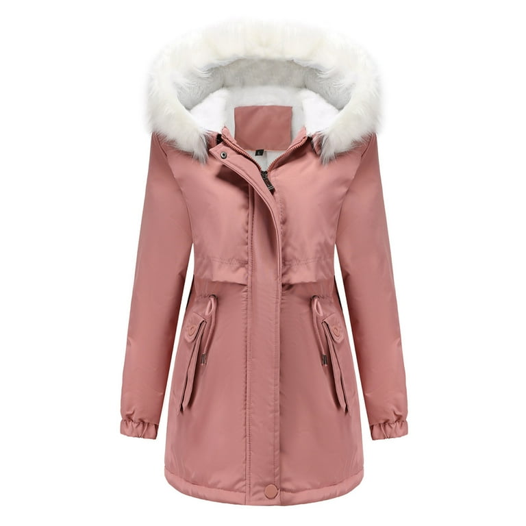 Olyvenn Stylish Womens Warm Long Coat Hoodies Collar Jacket Slim Winter  Parkas Outwear Coats Cold Weather Thicken Furry Lined Thermal Down Jackets  Pink 10 