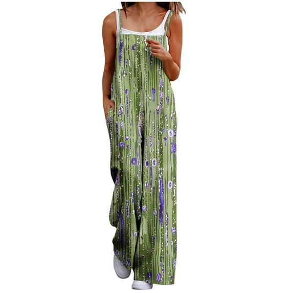 Olyvenn Summer Cotton Overalls for Women Plus Size Boho Casual Bib Jumpsuits Wide Leg Floral Print Baggy Rompers with Pockets Green 12