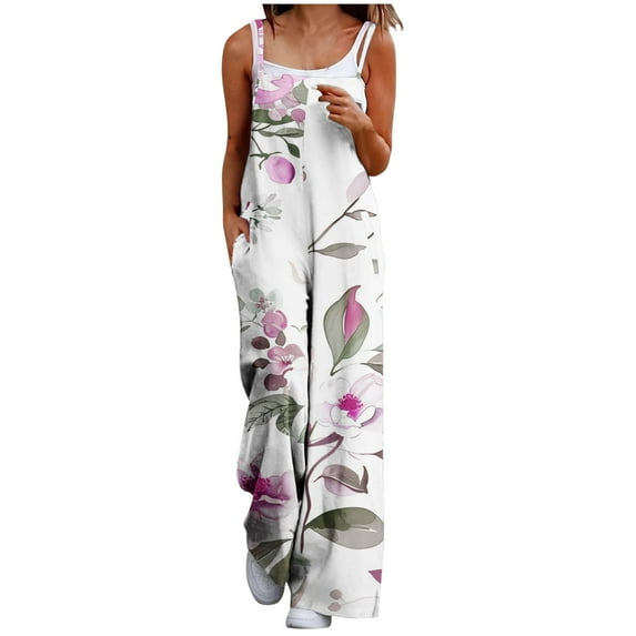 Olyvenn Summer Cotton Overalls for Women Plus Size Boho Casual Bib Jumpsuits Wide Leg Floral Print Baggy Rompers with Pockets Red 8