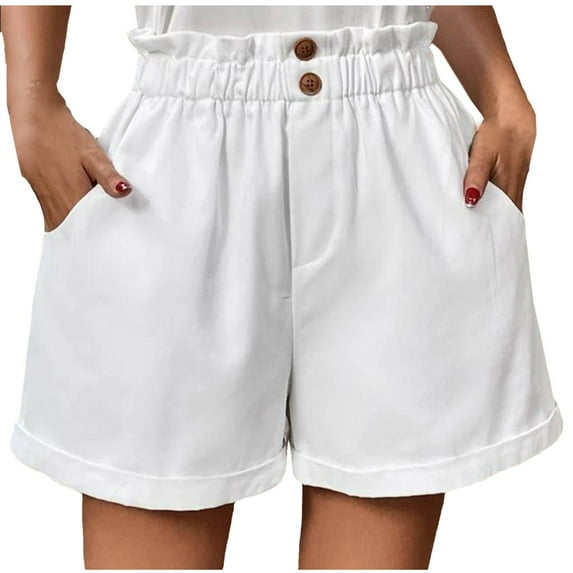 Olyvenn Summer Stylish Women Summer Shorts Solid Color Elastic High Waist Button Pockets Beach Shorts Lounge Shorts White 10