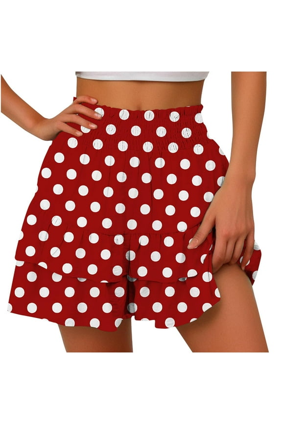 Summer Stylish Women's Polka Dot Ruffle Shorts Skirts High Waist A-Line Swing Shorts with Ruffle Shorts Summer Beach Skort Shorts Watermelon Red 6