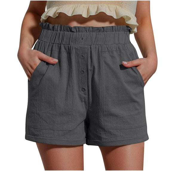 Olyvenn Summer Shorts for Women Elastic High Waisted Frill Trim Casual Short Teen Girls Loose Comfy Cotton Linen Beach Shorts Gray XXL