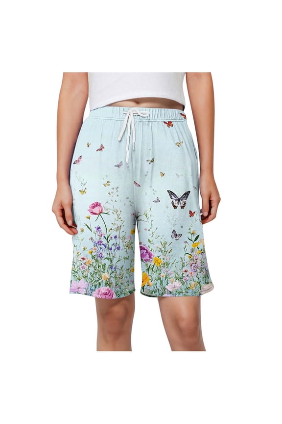 Summer Shorts for Women High Waisted Drawstring Casual Bermuda Short Trendy Floral Print Comfy Knee Length Shorts Multicolor L