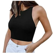 Olyvenn Summer Sleeveless Crewneck Tees for Women Trendy Slim Cami Shirts Cozy Clothes Womens Fashion Crop Tank Tops Tee Shirts Solid Camis Teen Girls Black 6