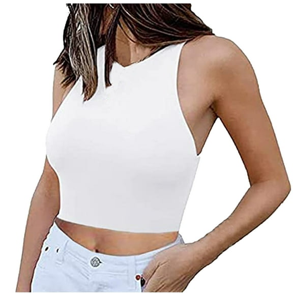 Olyvenn Summer Sleeveless Crewneck Tees for Women Trendy Slim Cami Shirts Cozy Clothes Women's Fashion Crop Tank Tops Tee Shirts Solid Camis Teen Girls White 12
