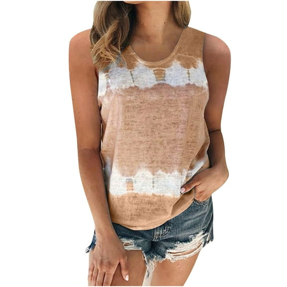 Olyvenn Summer Sleeveless Crewneck Tees for Women Trendy Slim Cami Shirts Cozy Clothes Women's Fashion Crop Tank Tops Tie Dye Camis Tee Shirts Teen Girls Khaki 8