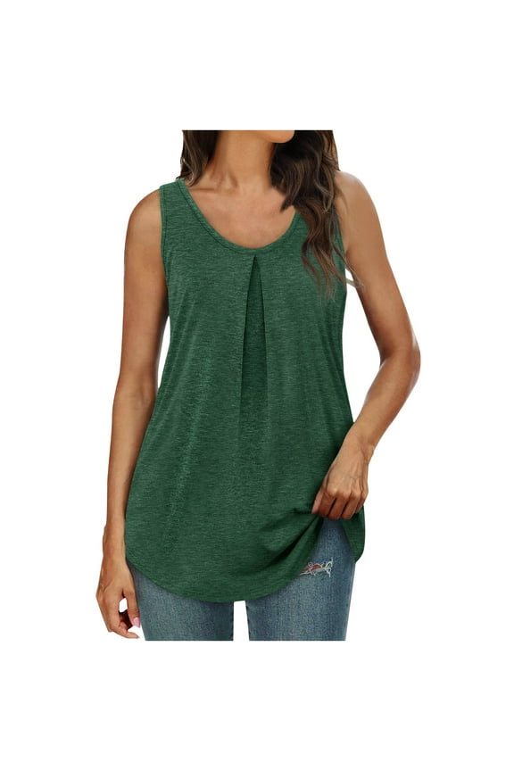Summer Solid Pullover Casual Girls Blouses Crewneck Women's Tank Tops Cozy Clothes Swing Pleated Tee Relaxed-Fit Shirts for Women Sleeveless Tees for Women Green 6