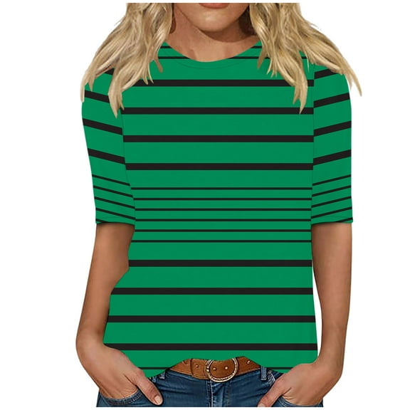 Olyvenn Summer Striped Tshirt for Women Loose Lightweight Street Outing Shirt Crew Neck 3/4 Sleeve Tunic Top with Pocket Green XL